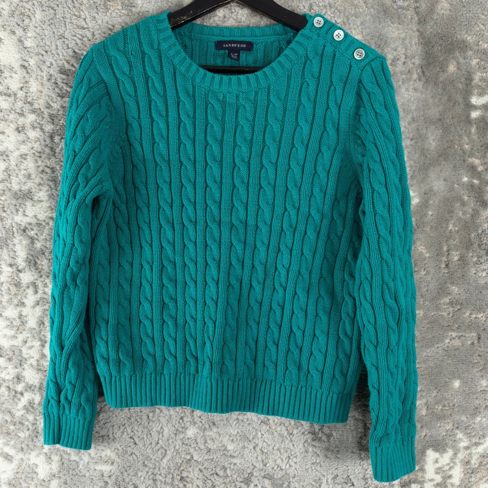 Lands' End Petites Size Large 14-16p Cable Knit Button Sweater Teal Green Women